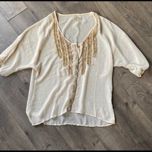 Buckle BKE Ivory Chiffon Blouse with Gold Lace XL